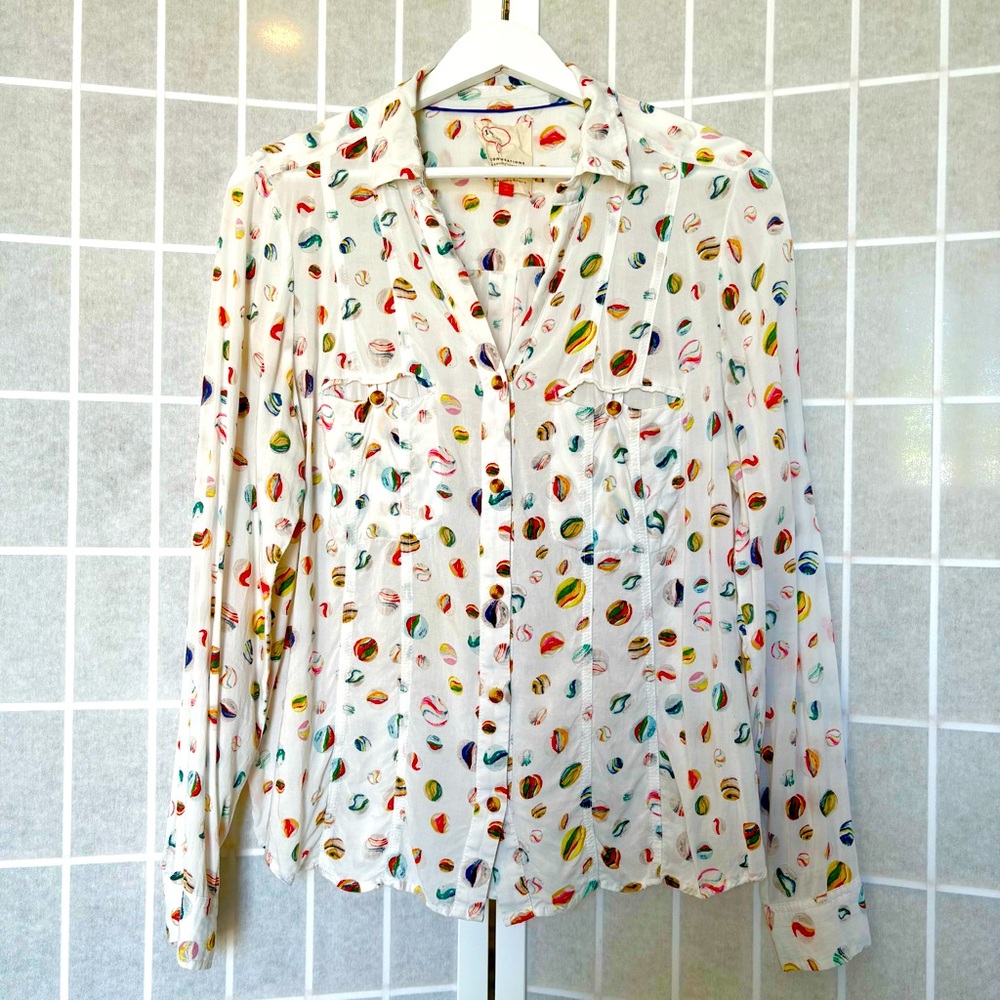 CONVERSATIONS BY ANTHROPOLOGIE Button-Up Women's Blouse Marbles Print Size 10